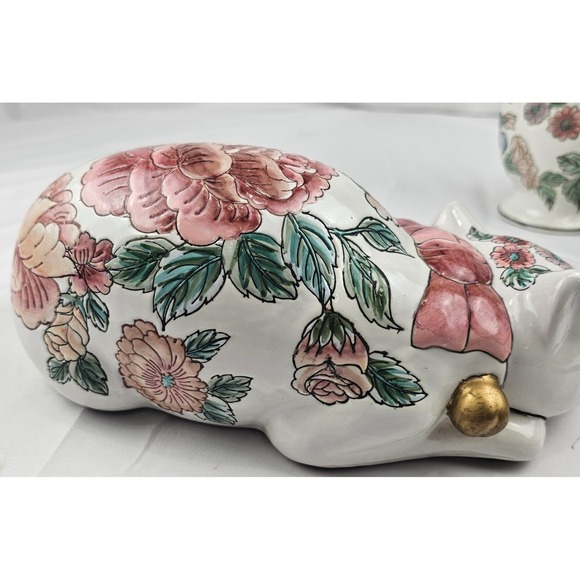 Floral Porcelain Vase Candlestick Trinket Box Cat Decor Set Cottagecore - Picture 13 of 16